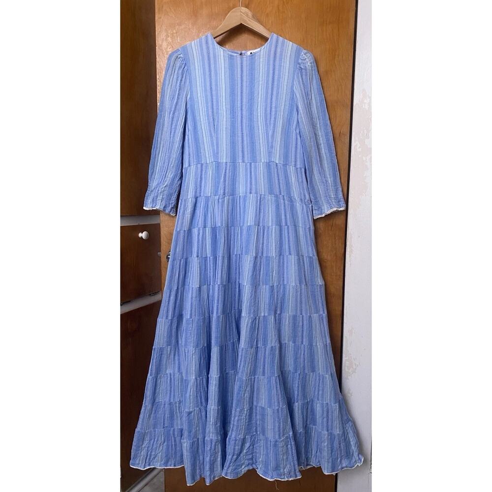 Rixo Kristen Blue Stripe Cotton Midi Maxi Tiered Peasant Dress Cottage Sz 10 - Picture 2 of 8